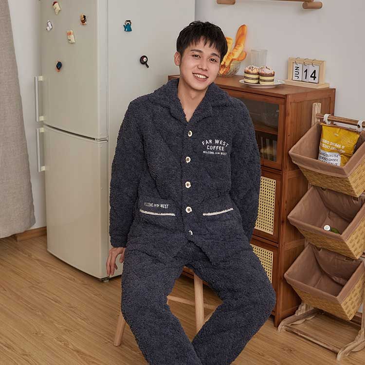 男士冬季珊瑚绒三层加厚加绒睡衣